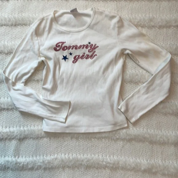 Vtg Tommy jeans Girl top Hilfiger White long sleeve shirt embellished jersey L - Picture 7 of 8
